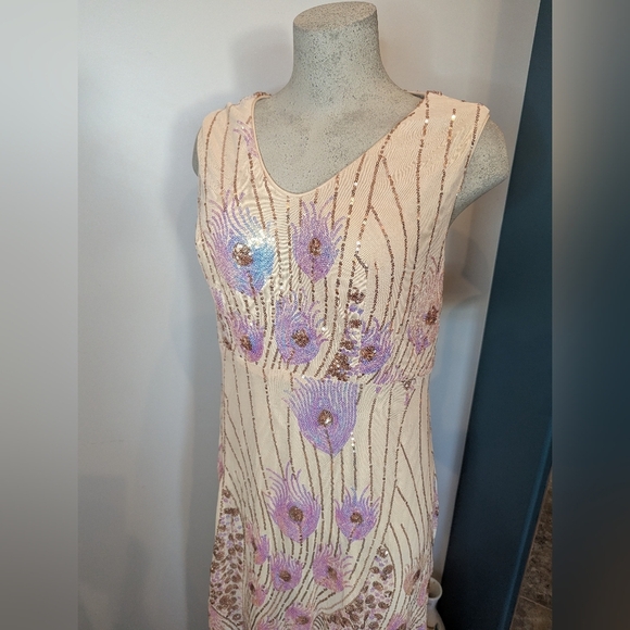 Women's Vintage Peacock Sequin Formal Dress V Neck Party Prom Evening Gown 1x - Picture 9 of 16